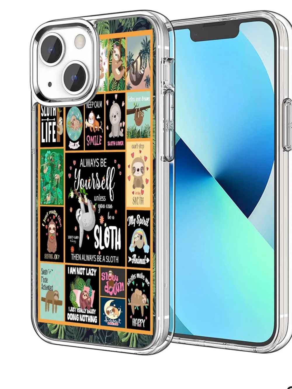 Clear TPU iPhone 14 Case with Cute Sloth Collage Design